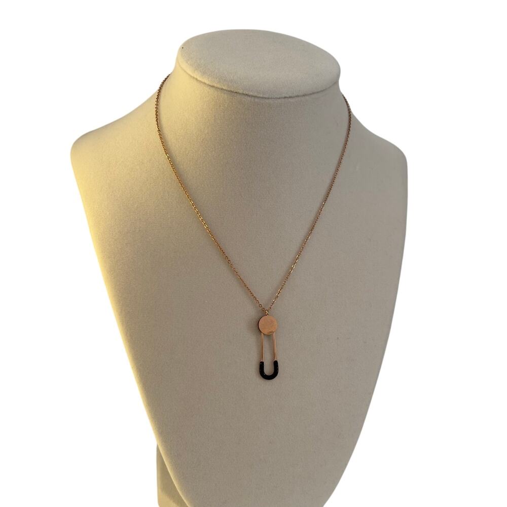 Rose Gold Safety Pin Pendant Necklace Black Crystal Minimalist Women Jewelry - Picture 3 of 6